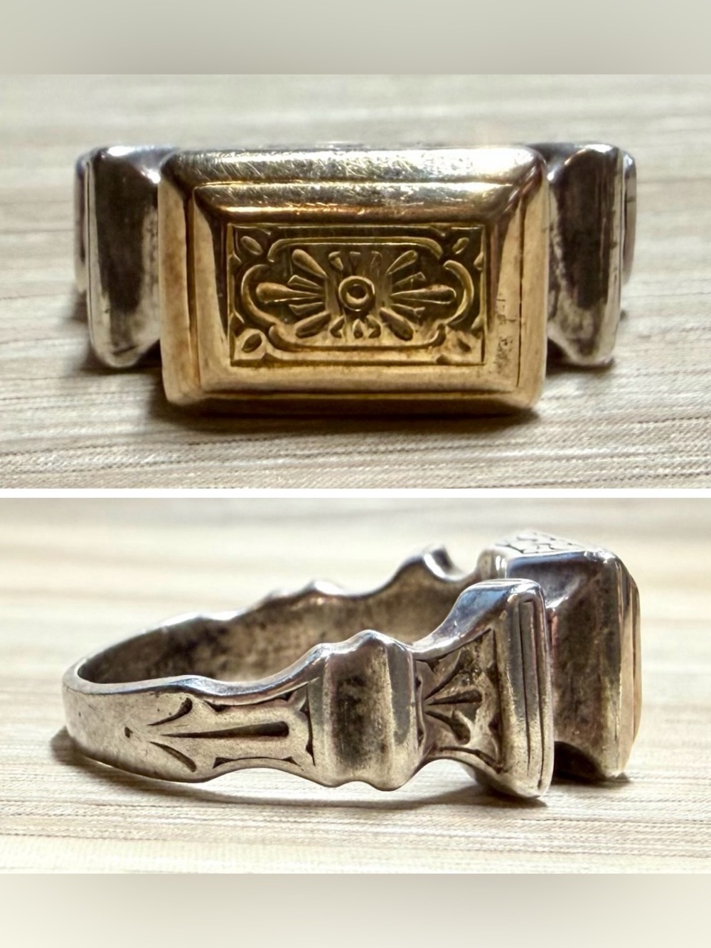 Greek Designer Gerochristo Sterling Silver & 18K Gold Classic Ring, Size 8